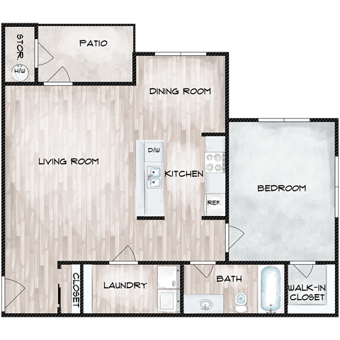 Floor plan for 1 bed, 1 bath, 754 sqft
